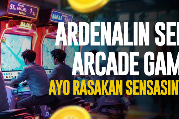 Suasana arcade modern dengan remaja main balapan motor di mesin game, penuh cahaya neon dan sensasi adrenalin.